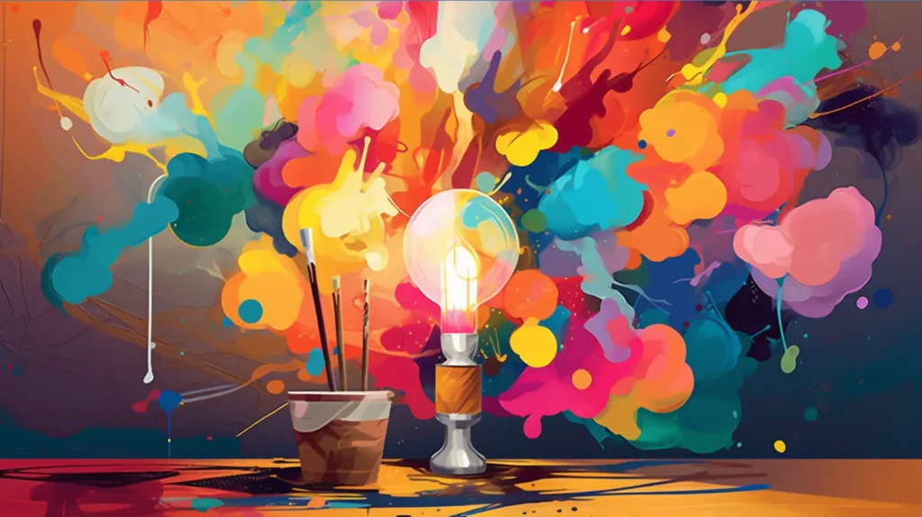 Painter's palette, a paintbrush drawing a design, and a lightbulb