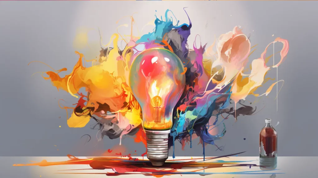 Painter's palette, a paintbrush drawing a design, and a lightbulb