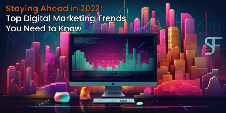 Futuristic cityscape, computer displaying marketing graph, and digital marketing icons
