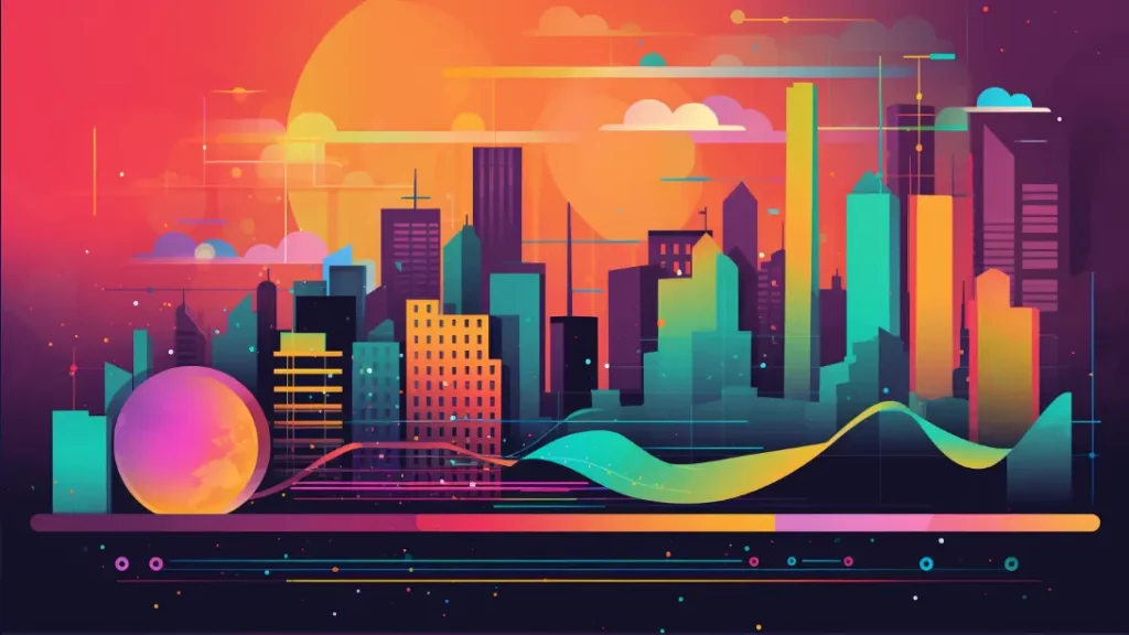 Futuristic cityscape, computer displaying marketing graph, and digital marketing icons