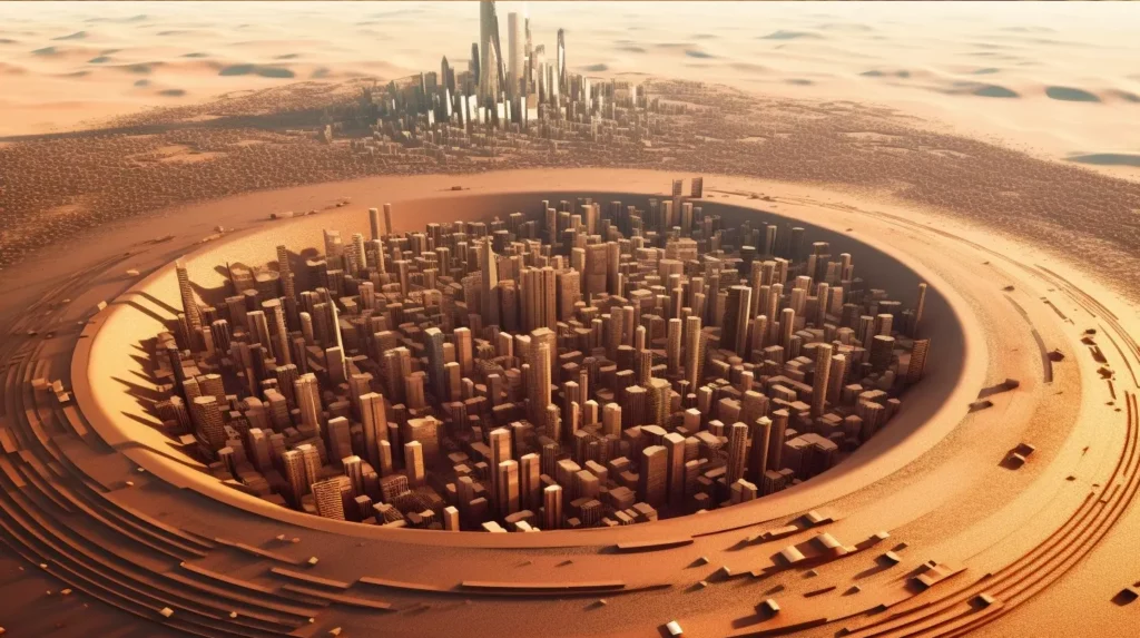 Desert scene with coins and a skyscraper made of computer code representing web development costs in the UAE.