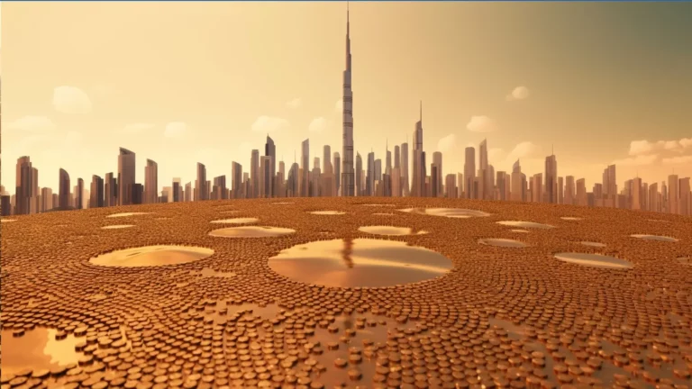 Desert scene with coins and a skyscraper made of computer code representing web development costs in the UAE.